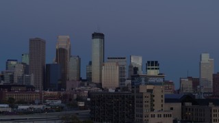 5.7K aerial stock footage a view of skyscrapers in city skyline at twilight, Downtown Minneapolis, Minnesota Aerial Stock Footage | DX0001_002267