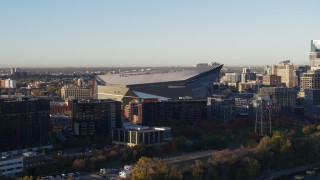 5.7K aerial stock footage of US Bank Stadium at sunrise, Downtown Minneapolis, Minnesota Aerial Stock Footage | DX0001_002317