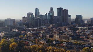 5.7K aerial stock footage of a view of the skyline seen from the river, Downtown Minneapolis, Minnesota Aerial Stock Footage | DX0001_002333