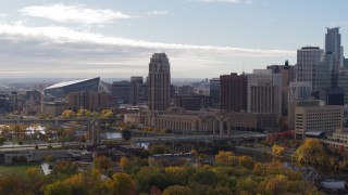 5.7K aerial stock footage of a residential skyscraper beside the Mississippi River, Downtown Minneapolis, Minnesota Aerial Stock Footage | DX0001_002372