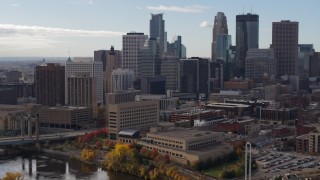 5.7K aerial stock footage of a view of the towering skyscrapers of the city skyline, Downtown Minneapolis, Minnesota Aerial Stock Footage | DX0001_002378