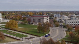 5.7K aerial stock footage fly away from the Minnesota Judicial Center courthouse building in Saint Paul, Minnesota and descend Aerial Stock Footage | DX0001_002413