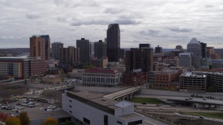 DX0001_002414 - 5.7K aerial stock footage of flying by the city's downtown skyline in Downtown Saint Paul, Minnesota