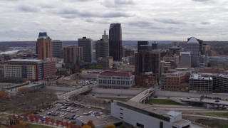 5.7K aerial stock footage flying by skyscrapers in city's skyline in Downtown Saint Paul, Minnesota Aerial Stock Footage | DX0001_002422