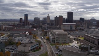 5.7K aerial stock footage of the city skyline seen during descent, Downtown Saint Paul, Minnesota Aerial Stock Footage | DX0001_002436