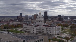 DX0001_002438 - 5.7K aerial stock footage of the city skyline seen while passing by the state capitol building, Downtown Saint Paul, Minnesota