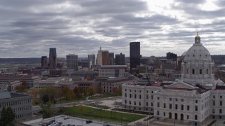 DX0001_002440 - 5.7K aerial stock footage of city's skyline in the distance, seen from state capitol building, Downtown Saint Paul, Minnesota