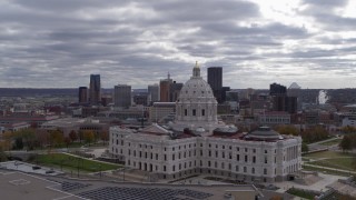 5.7K aerial stock footage of city's skyline in the distance, seen during flyby of the state capitol building, Downtown Saint Paul, Minnesota Aerial Stock Footage | DX0001_002441