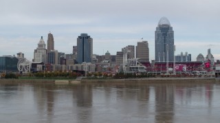 5.7K aerial stock footage flyby city skyline and baseball stadium, seen from the river, Downtown Cincinnati, Ohio Aerial Stock Footage | DX0001_002591