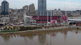 DX0001_002610 - 5.7K aerial stock footage reverse view of the riverfront baseball stadium, Downtown Cincinnati, Ohio