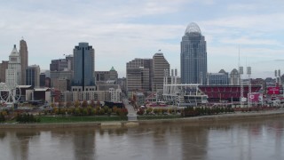 5.7K aerial stock footage flyby riverfront baseball stadium and skyline, Downtown Cincinnati, Ohio Aerial Stock Footage | DX0001_002616