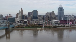 5.7K aerial stock footage passing a riverfront baseball stadium and skyline, Downtown Cincinnati, Ohio Aerial Stock Footage | DX0001_002618