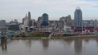 5.7K aerial stock footage flyby a riverfront baseball stadium and skyline, Downtown Cincinnati, Ohio Aerial Stock Footage | DX0001_002619