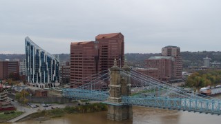 5.7K aerial stock footage of flying by two riverfront office buildings and bridge in Covington, Kentucky Aerial Stock Footage | DX0001_002625