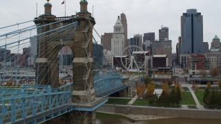 5.7K aerial stock footage fly over Ohio River and close to the bridge toward the city skyline, Downtown Cincinnati, Ohio Aerial Stock Footage | DX0001_002635