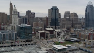 DX0001_002671 - 5.7K aerial stock footage of flying by tall skyscrapers and skyline in Downtown Cincinnati, Ohio