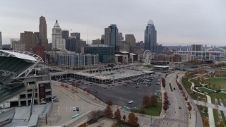 5.7K aerial stock footage of the city's skyline seen from the football stadium in Downtown Cincinnati, Ohio Aerial Stock Footage | DX0001_002679