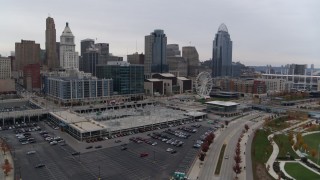 5.7K aerial stock footage flyby view of city's skyline, and approach apartment and office buildings in Downtown Cincinnati, Ohio Aerial Stock Footage | DX0001_002687