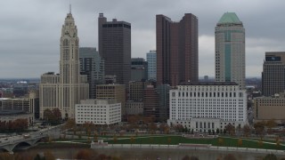 5.7K aerial stock footage four tall skyscrapers in the city's skyline in Downtown Columbus, Ohio Aerial Stock Footage | DX0001_002703