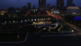 5.7K aerial stock footage of the Veterans Memorial Auditorium at twilight in Columbus, Ohio Aerial Stock Footage | DX0001_002780