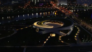 5.7K aerial stock footage orbit the Veterans Memorial Auditorium at twilight during descent in Columbus, Ohio Aerial Stock Footage | DX0001_002783