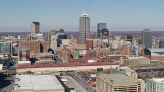 5.7K aerial stock footage of the tall skyscrapers of the city's skyline in Downtown Indianapolis, Indiana Aerial Stock Footage | DX0001_002822