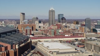 DX0001_002826 - 5.7K aerial stock footage of tall skyscrapers in the city's skyline in Downtown Indianapolis, Indiana