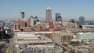 DX0001_002827 - 5.7K aerial stock footage of the tall skyscrapers in the city's skyline in Downtown Indianapolis, Indiana