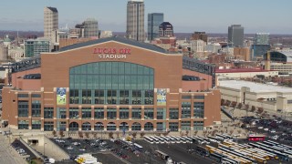 5.7K aerial stock footage of an orbit of the front of a football stadium in Indianapolis, Indiana Aerial Stock Footage | DX0001_002833