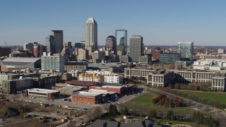 5.7K aerial stock footage passing by the city's skyline in Downtown Indianapolis, Indiana Aerial Stock Footage | DX0001_002846