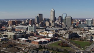 DX0001_002847 - 5.7K aerial stock footage flyby the city's skyline in Downtown Indianapolis, Indiana