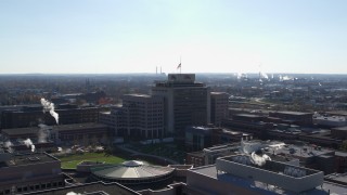 5.7K aerial stock footage of circling around an office building in Indianapolis, Indiana Aerial Stock Footage | DX0001_002854