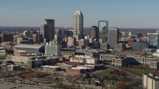 5.7K aerial stock footage of tall skyscrapers in the city's skyline in Downtown Indianapolis, Indiana Aerial Stock Footage | DX0001_002855