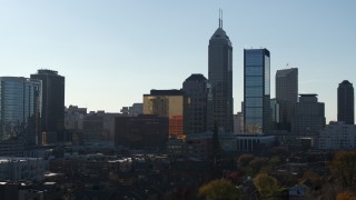 5.7K aerial stock footage flying by the towering skyscrapers in the city's skyline in Downtown Indianapolis, Indiana Aerial Stock Footage | DX0001_002867