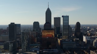 5.7K aerial stock footage slowly flyby the towering skyscrapers in the city's skyline in Downtown Indianapolis, Indiana Aerial Stock Footage | DX0001_002872