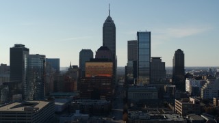 5.7K aerial stock footage a view of the towering skyscrapers in the city's skyline in Downtown Indianapolis, Indiana Aerial Stock Footage | DX0001_002873