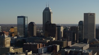 5.7K aerial stock footage reverse view of Salesforce Tower skyscraper and skyline of Downtown Indianapolis, Indiana Aerial Stock Footage | DX0001_002877