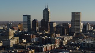 5.7K aerial stock footage of flying by the skyline of Downtown Indianapolis, Indiana Aerial Stock Footage | DX0001_002878