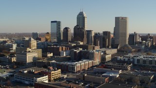 DX0001_002898 - 5.7K aerial stock footage of a slow approach to the skyline's tall skyscrapers in Downtown Indianapolis, Indiana