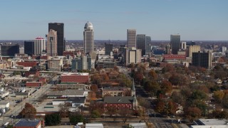 5.7K aerial stock footage of flying by the city's skyline, Downtown Louisville, Kentucky Aerial Stock Footage | DX0001_002979