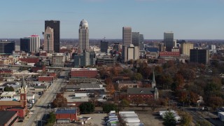 DX0001_002985 - 5.7K aerial stock footage a view of the city's skyline, seen during descent in Downtown Louisville, Kentucky