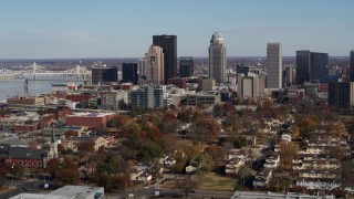 DX0001_002987 - 5.7K aerial stock footage descend and flyby the city's skyline in Downtown Louisville, Kentucky