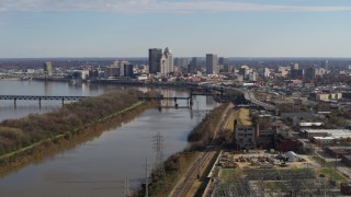 DX0001_003003 - 5.7K aerial stock footage of a wide view of the city's skyline and the river in Downtown Louisville, Kentucky