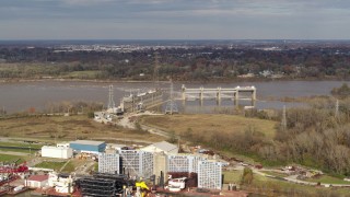 5.7K aerial stock footage a view of a dam on the Ohio River in Louisville, Kentucky Aerial Stock Footage | DX0001_003009