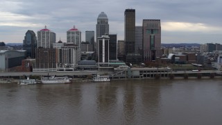 5.7K aerial stock footage stationary view of the skyline seen from the river in Downtown Louisville, Kentucky Aerial Stock Footage | DX0001_003039