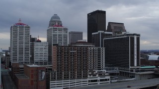 DX0001_003056 - 5.7K aerial stock footage approach riverfront hotel and skyscrapers, Downtown Louisville, Kentucky