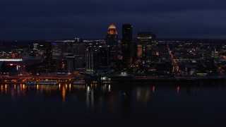 5.7K aerial stock footage of the city's skyline at twilight, seen from Ohio River, Downtown Louisville, Kentucky Aerial Stock Footage | DX0001_003112