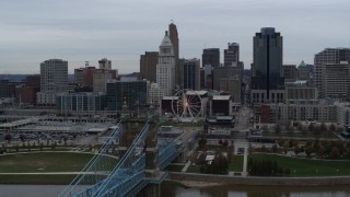 5.7K aerial stock footage approach city skyline from bridge over the Ohio River, Downtown Cincinnati, Ohio Aerial Stock Footage | DX0001_003131