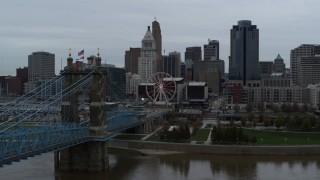 5.7K aerial stock footage fly away from Ferris wheel and skyline, seen from bridge, and reveal river, Downtown Cincinnati, Ohio Aerial Stock Footage | DX0001_003142