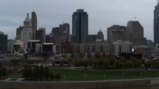 5.7K aerial stock footage of Scripps Center and skyline during descent, Downtown Cincinnati, Ohio Aerial Stock Footage | DX0001_003147